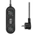 Outlet Strip, 3 safety sockets, w/ 3x USB Port, w/ textile cable, black